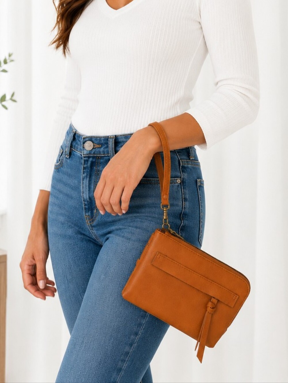 👜 Cognac Tan Double Zip Wristlet Wallet Clutch Boho Tassel Organizer